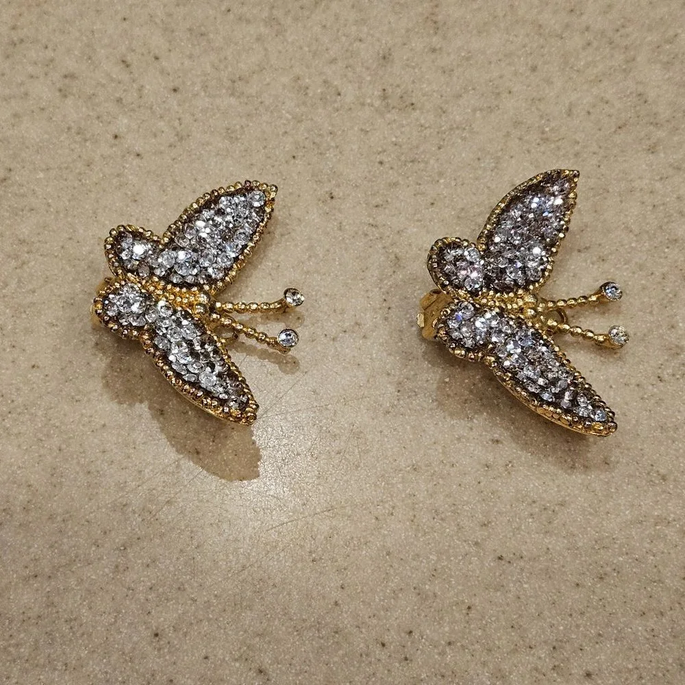 RARE HAUTE COUTURE DESIGNER SIMAN TU BUTTERFLY CRYSTAL GOLD STATEMENT EARRINGS